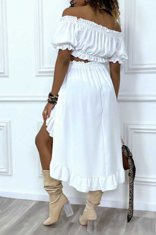 Flowing set in white with asymmetric skirt and bardot top - 7