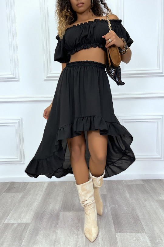Fluid set in black with asymmetric skirt and bardot top - 3