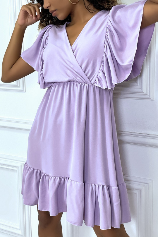 Little fluid lilac dress with V-neck and ruffled shoulders - 1