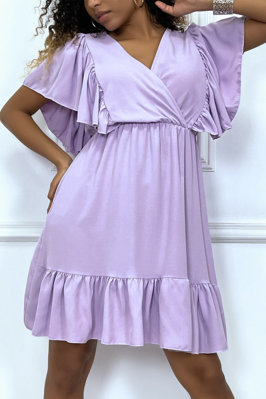 Little fluid lilac dress with V-neck and ruffled shoulders - 2
