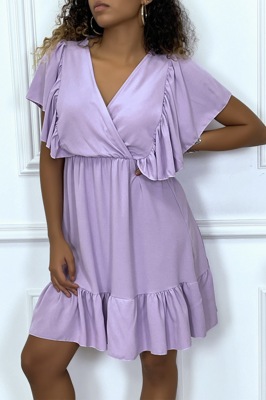 Little fluid lilac dress with V-neck and ruffled shoulders - 3
