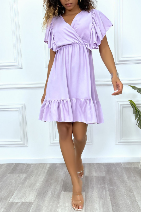 Little fluid lilac dress with V-neck and ruffled shoulders - 4