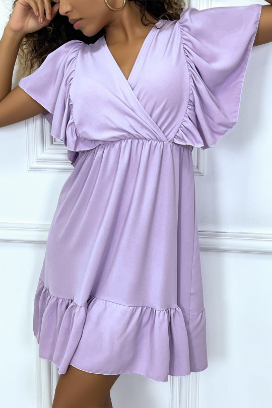 Little fluid lilac dress with V-neck and ruffled shoulders - 5