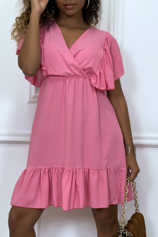 Little fuchsia fluid dress with V-neck and ruffled shoulders - 2