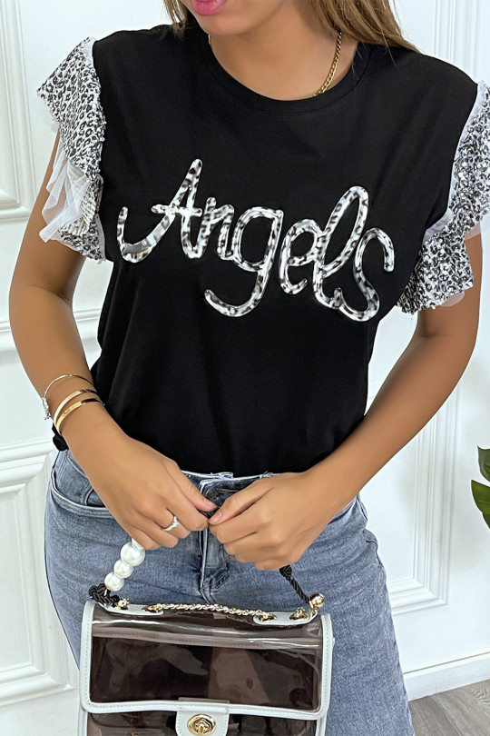 T-shirt avec écriture angels et volant pailleté aux manches - 1