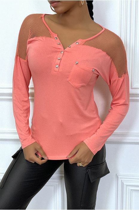 Top fluide corail avec details en resille - 3