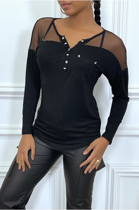 Top fluide noir avec details en resille - 3