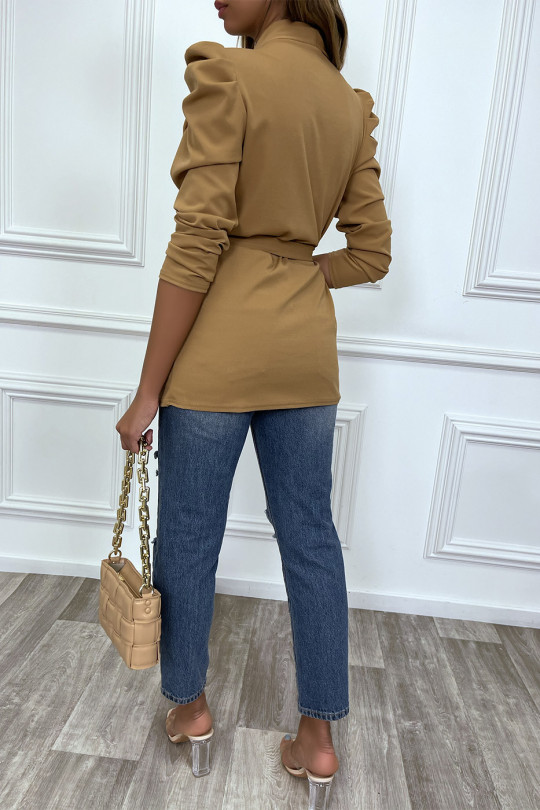 Camel blazer with puffed shoulders and belt - 6