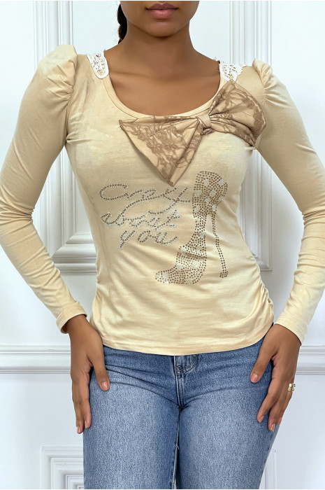 Top beige épaules bouffante avec papillon devant et dentelle au dos - 1