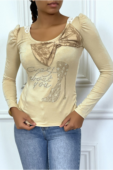 Top beige épaules bouffante avec papillon devant et dentelle au dos - 2