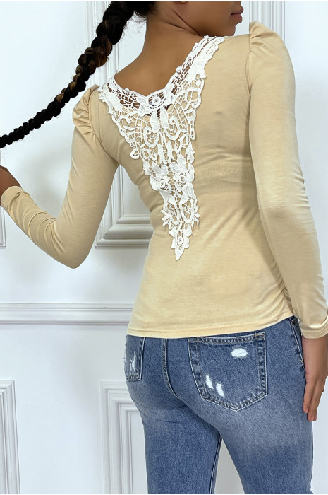 Top beige épaules bouffante avec papillon devant et dentelle au dos - 3