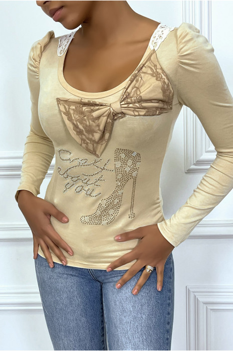 Top beige épaules bouffante avec papillon devant et dentelle au dos - 4