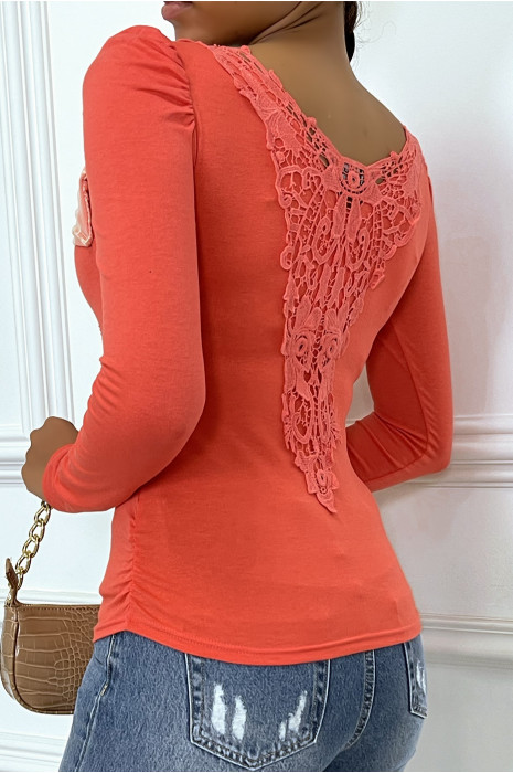 Top corail épaules bouffante avec papillon devant et dentelle au dos - 5