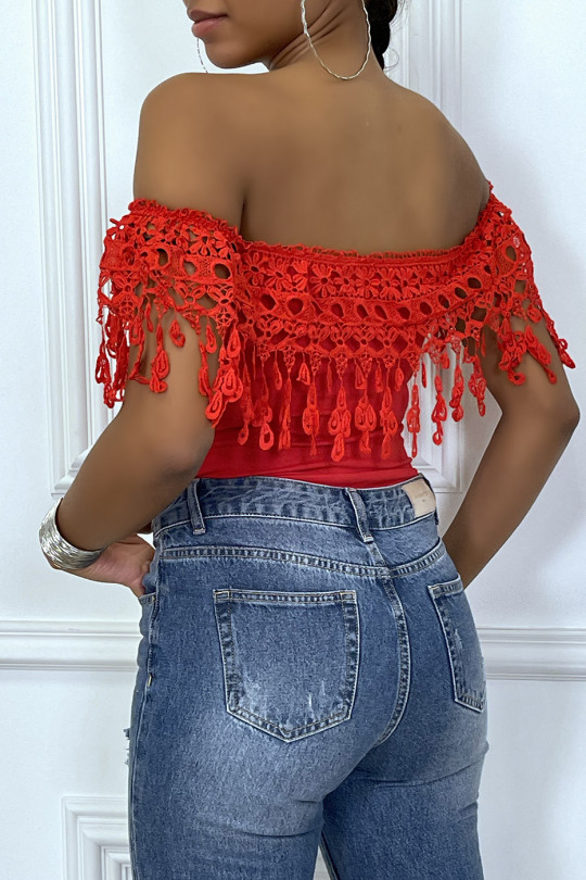 Body rouge col bateau avec dentelle - 1