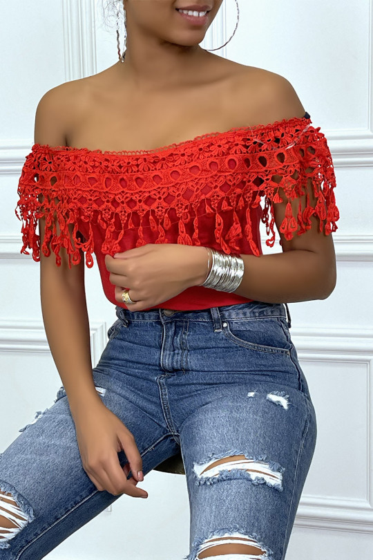 Body rouge col bateau avec dentelle - 3
