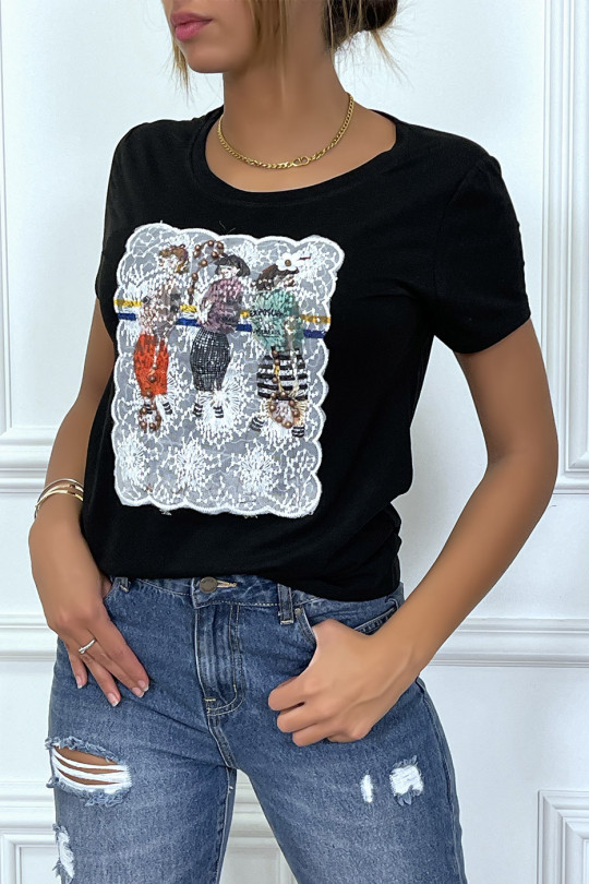 Black t-shirt embroider with illustration - 1