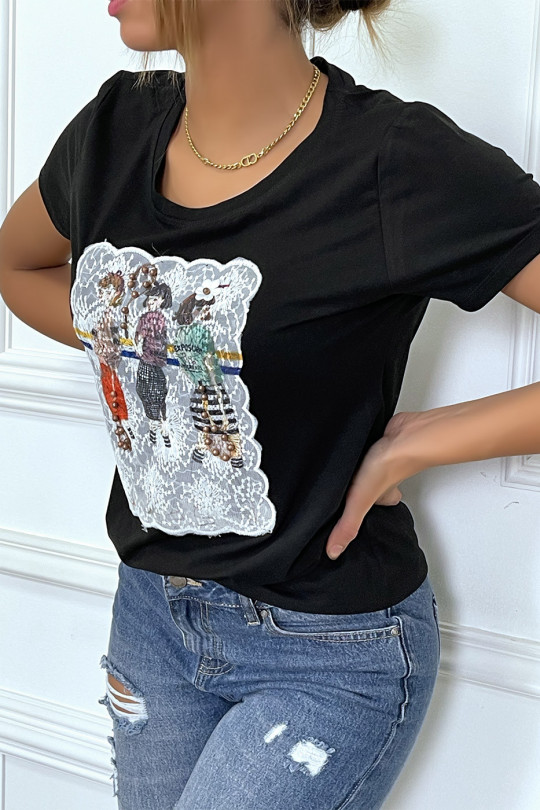 Black t-shirt embroider with illustration - 2