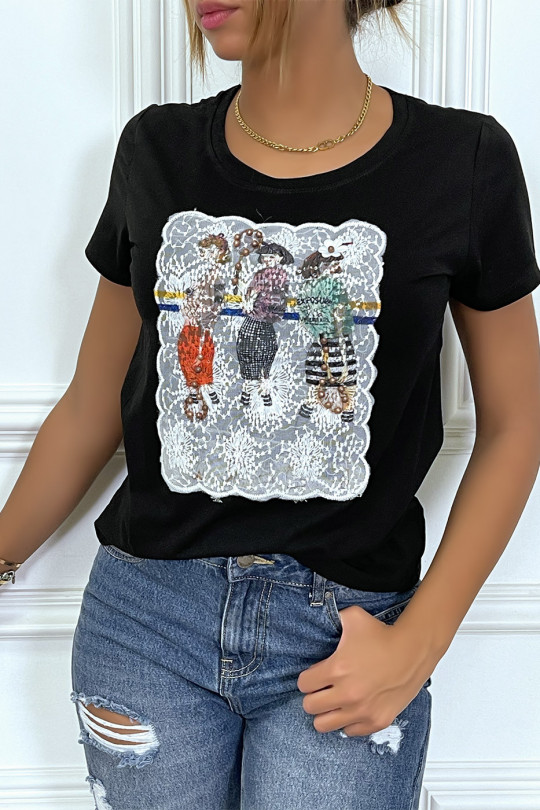 Black t-shirt embroider with illustration - 3