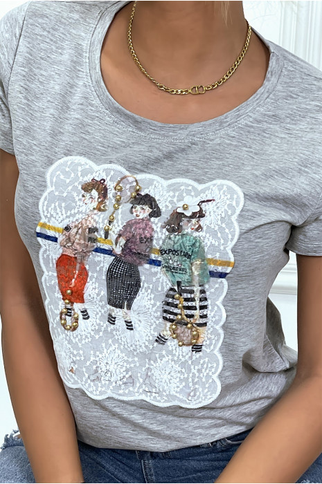 Tee shirt gris broder avec illustration - 1