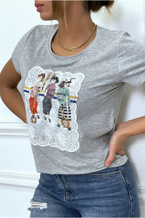TeEGshirt gris broder avec illustration - 3
