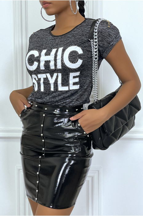 Tee-shirt anthracite avec details, en simili et écriture - 1