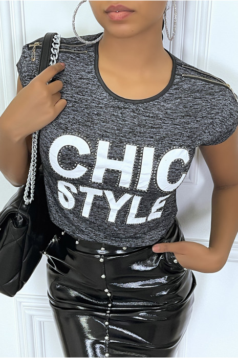 Tee-shirt anthracite avec details, en simili et écriture - 3