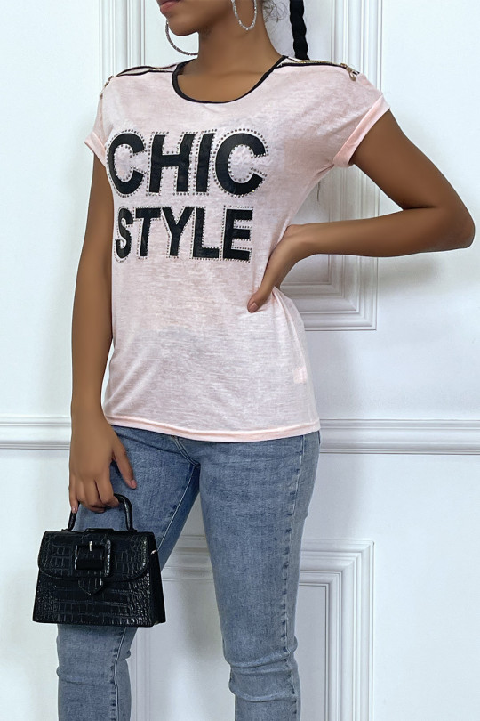 Pink t-shirt with details, in faux leather and writing - 1
