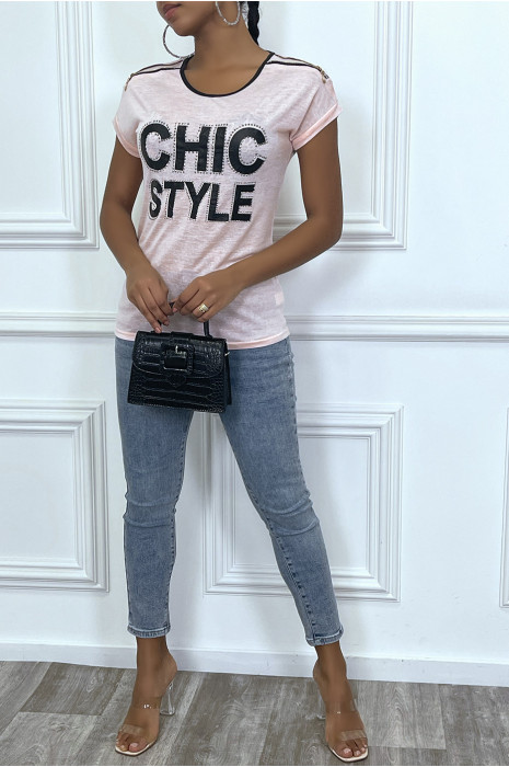 Tee-shirt rose avec details, en simili et écriture - 2