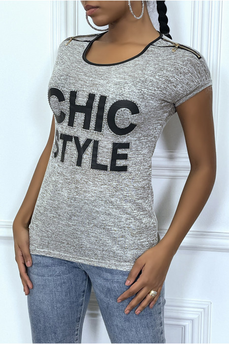 Taupe t-shirt met details, in imitatieleer en schrift - 1