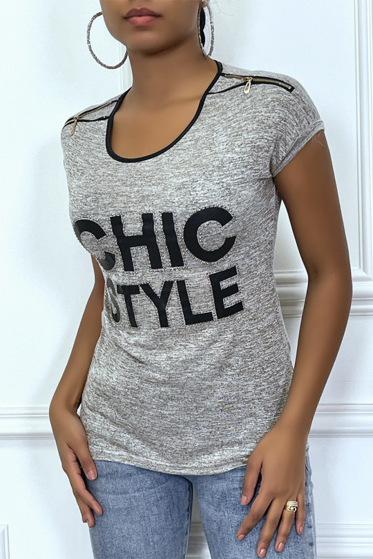 Taupe t-shirt with details, in faux leather and writing - 2