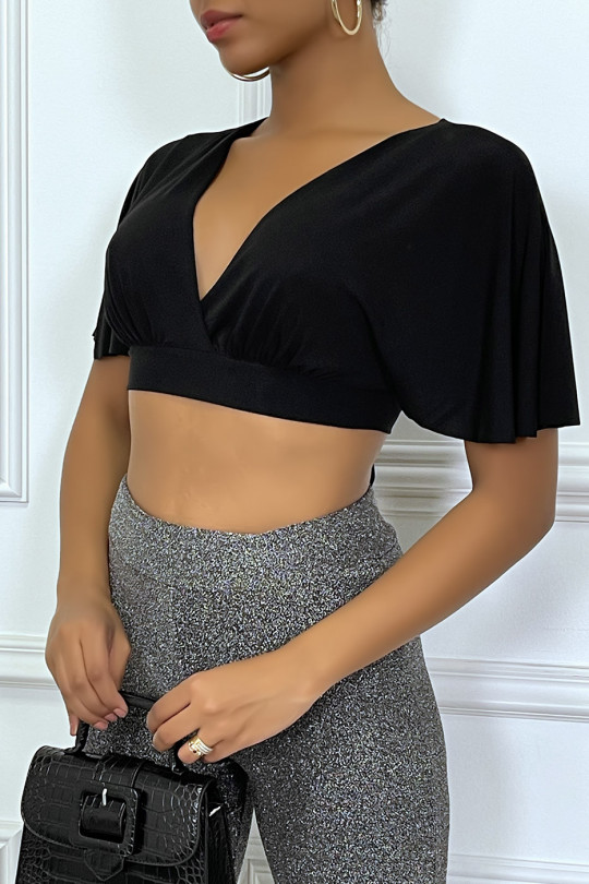 Black crop blouse with ruffle sleeve and plunging collar - 1