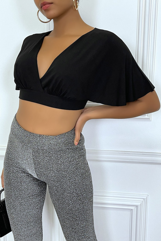 Black crop blouse with ruffle sleeve and plunging collar - 2
