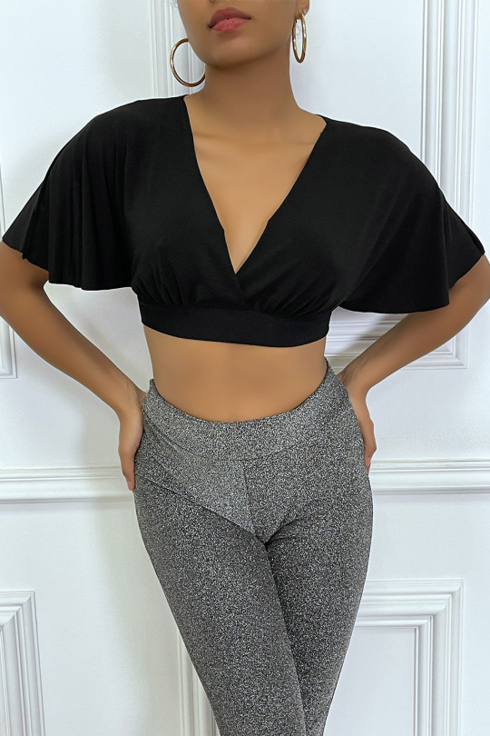 Black crop blouse with ruffle sleeve and plunging collar - 3