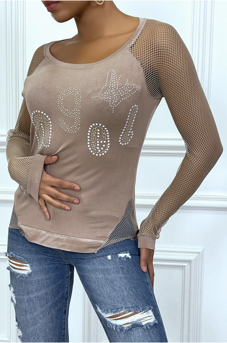 Top taupe à strass et manches en résille - 1