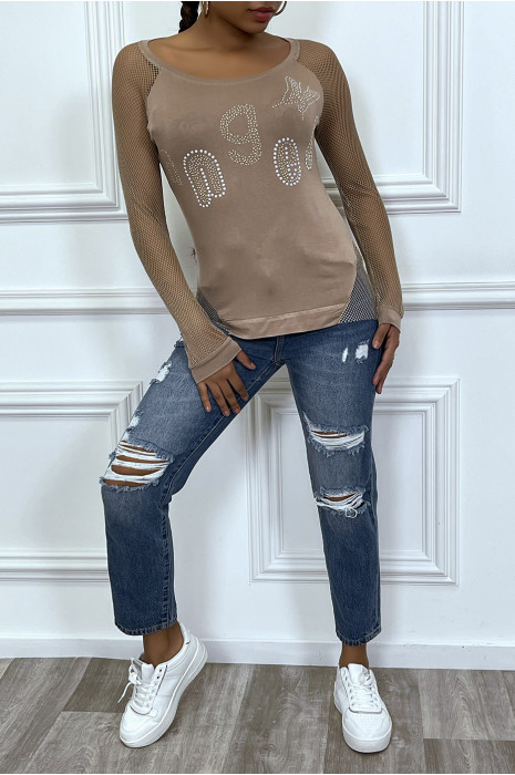 Top taupe à strass et manches en résille - 2