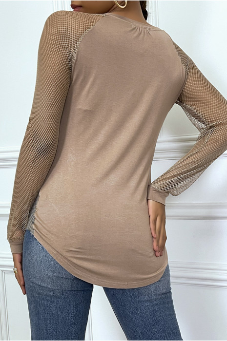 Top taupe à strass et manches en résille - 4