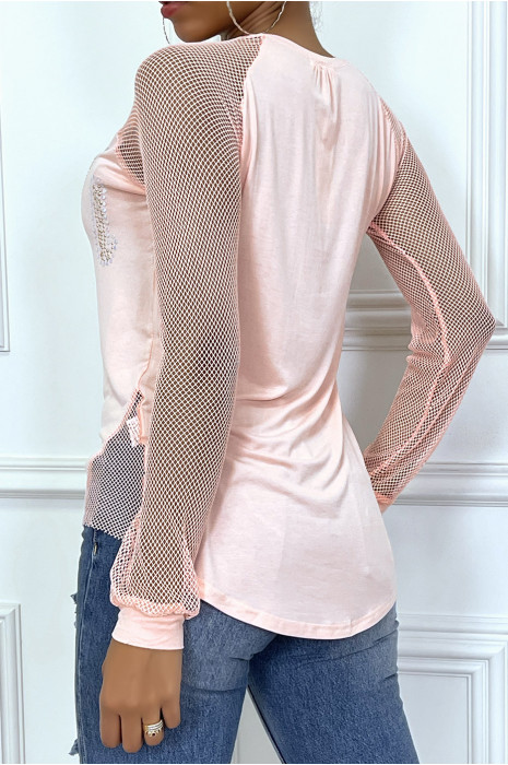 Top rose à strass et manches en résille - 4