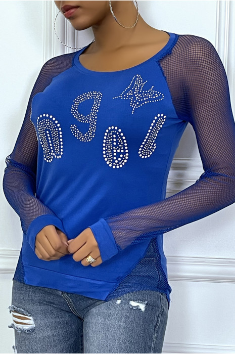 Top royal à strass et manches en résille - 1