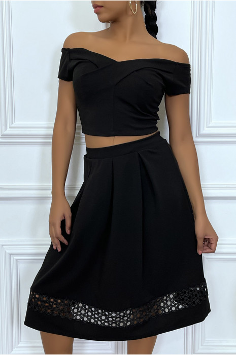 Ensemble noir crop top à col bardot et jupe à crochet - 1