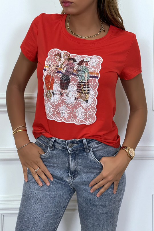 Tee-shirt rouge broder avec illustration - 1
