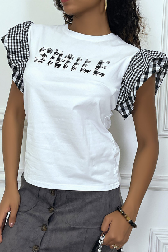 T-shirt blanc avec écriture SMILE et manches volante - 1