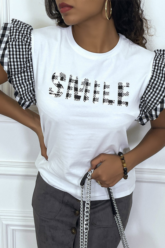 T-shirt blanc avec écriture SMILE et manches volante - 2