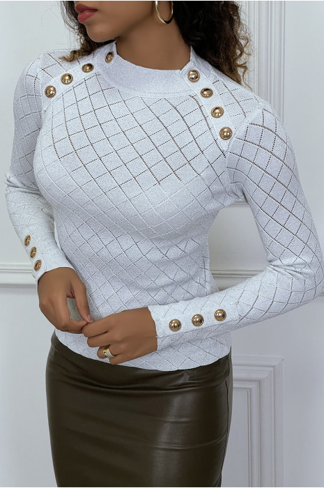 Top gris en maille brillante avec boutons aux épaules et aux manches - 1