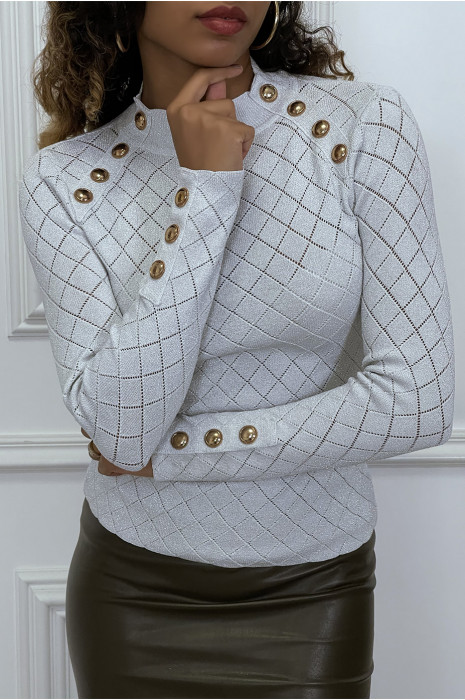 Top gris en maille brillante avec boutons aux épaules et aux manches - 2