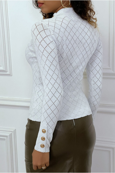 Top gris en maille brillante avec boutons aux épaules et aux manches - 4