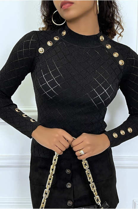 Top noir en maille brillante avec boutons aux épaules et aux manches - 1