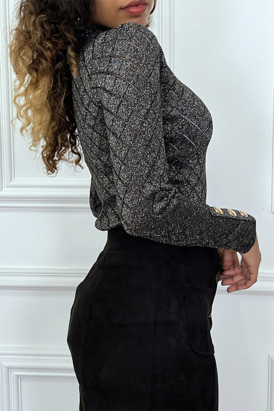 Top argenté en maille brillante avec boutons aux épaules et aux manches - 3