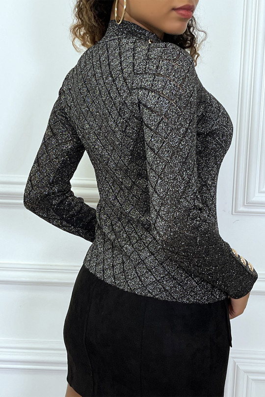 Top argenté en maille brillante avec boutons aux épaules et aux manches - 4