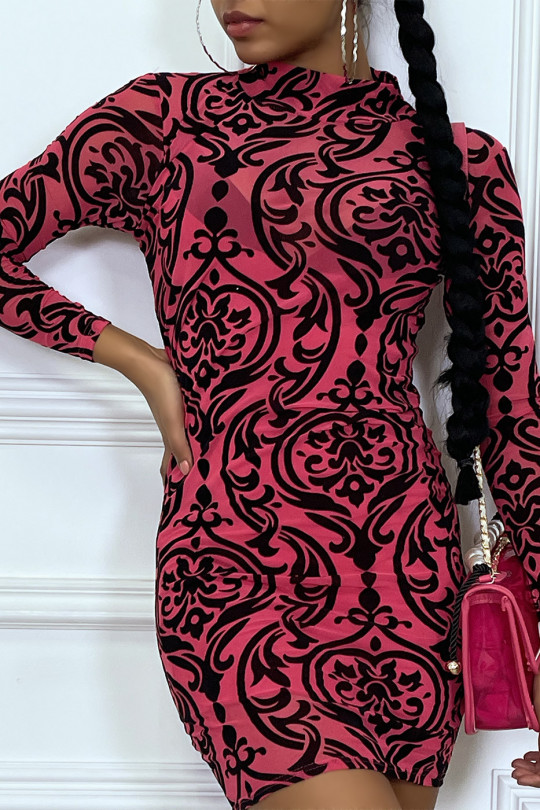 Fuchsia jurk van gevoerd mesh met jacquardpatroon - 3