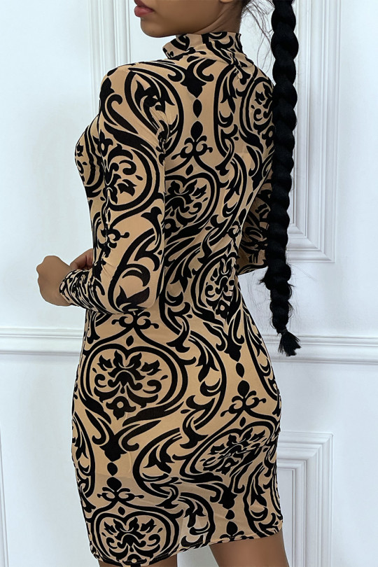 Taupe jurk van gevoerd mesh met jacquardpatroon - 2